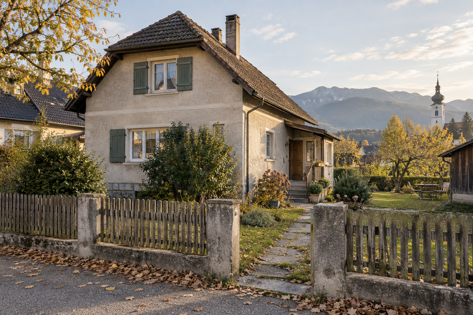 Älteres österreichisches Haus mit Garten und Holzzaun